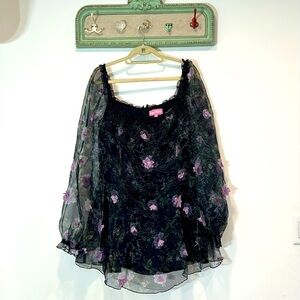 Sugar Thrills Black Lavender Garden Flower appliqué long sleeve mini dress xl
